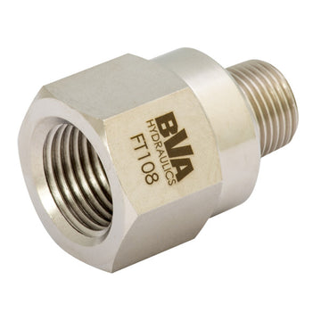 FT108 BVA Hydraulics Fitting adapter 3/8"-18 NPTF male x 1/2"-14 NPTF female 10,000 psi