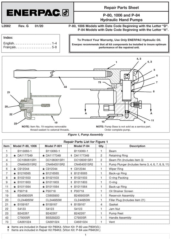 P80K4 Universal Enerpac Hydraulic Pump Repair Kit - Page 1