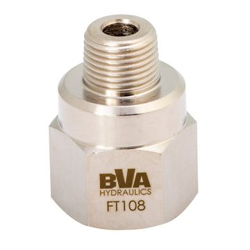 FT108 BVA Hydraulics Fitting adapter 3/8"-18 NPTF male x 1/2"-14 NPTF female 10,000 psi